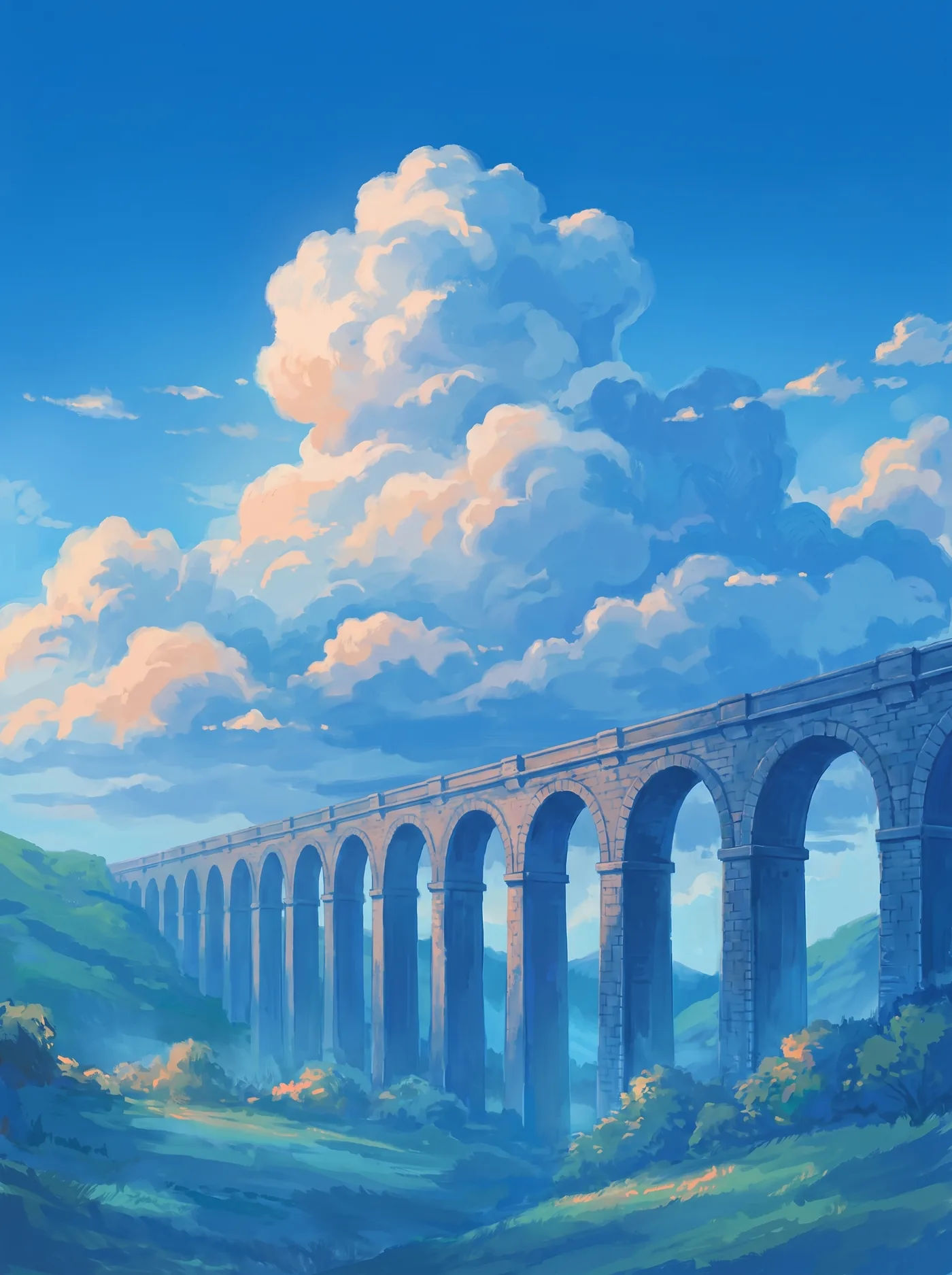 A long viaduct of identical stone arches carrying a level line across a valley