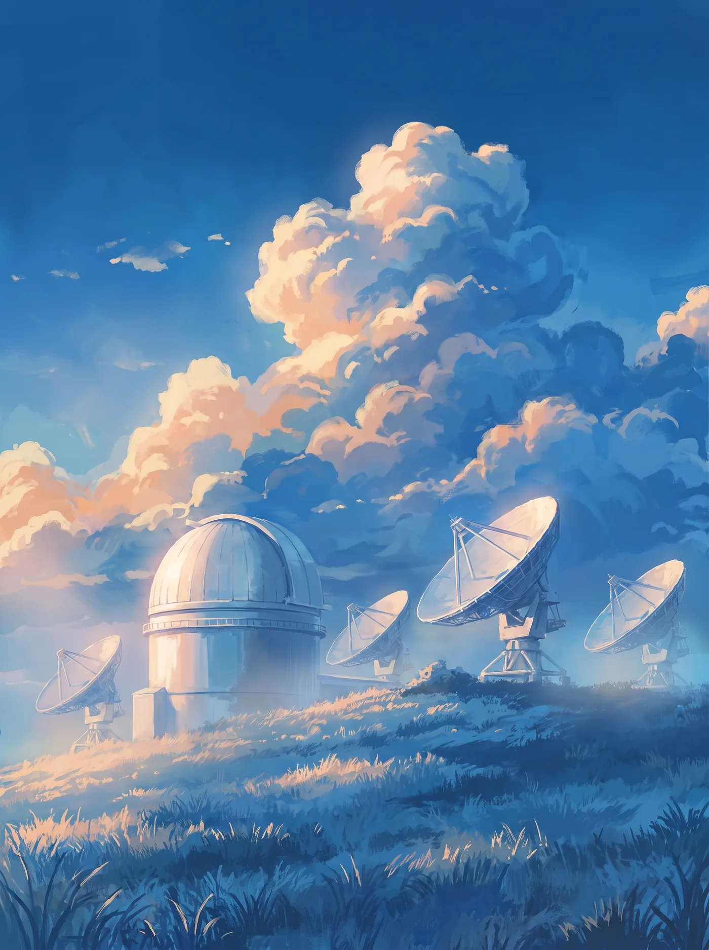 A hilltop observatory and a row of radio telescope dishes turned to a wide, cloud-filled sky