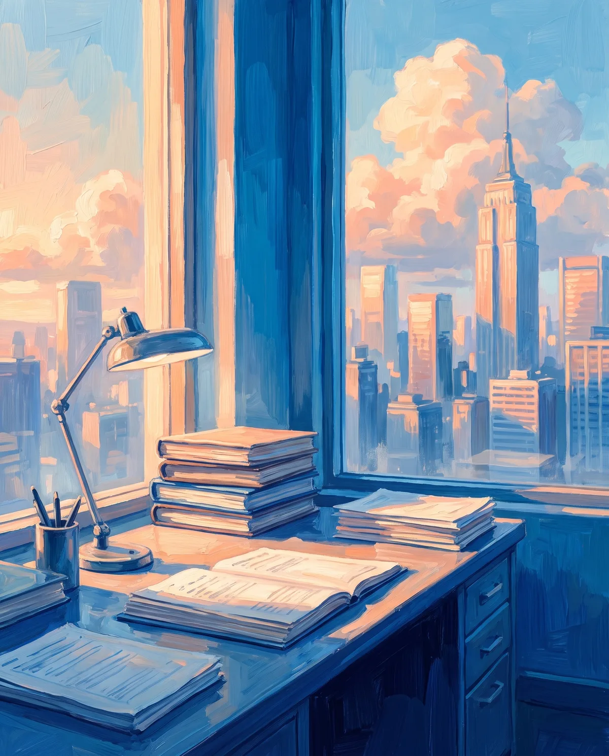 A desk by a tall window at golden hour, stacked ledgers and working papers under a lamp